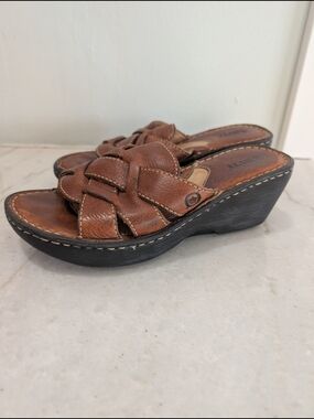 Born Women’s Brown Leather Woven 3" Wedge Sandals Size 7